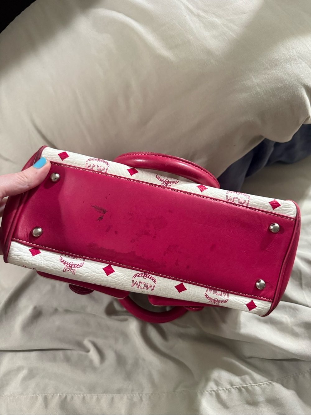 MCM White and Pink Logo Pocket Satchel with Charm - Picture 5 of 5